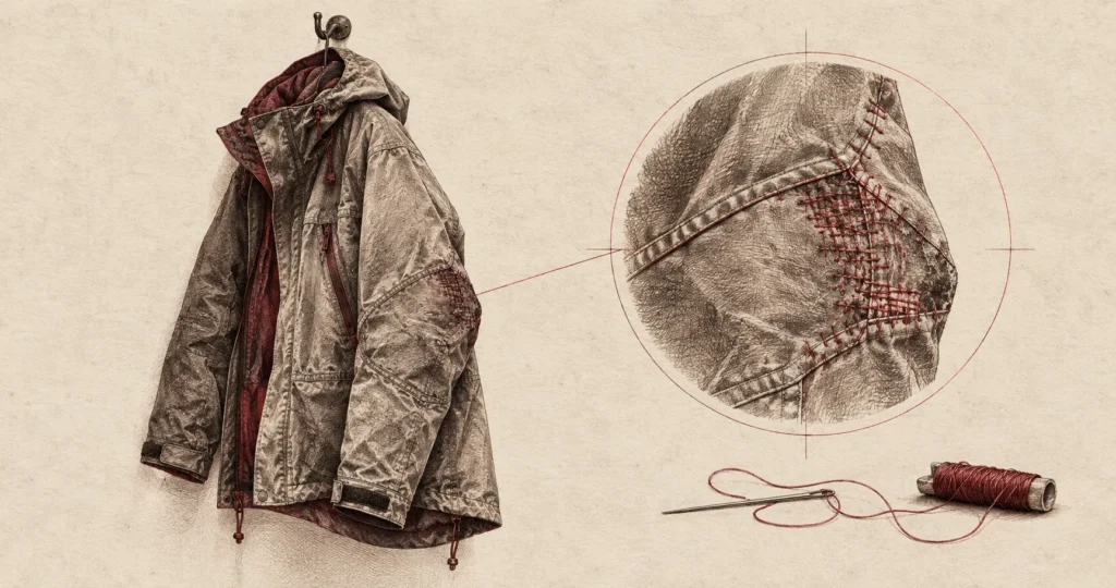 A worn outdoor jacket with a carefully repaired seam enlarged in an archival pencil study.