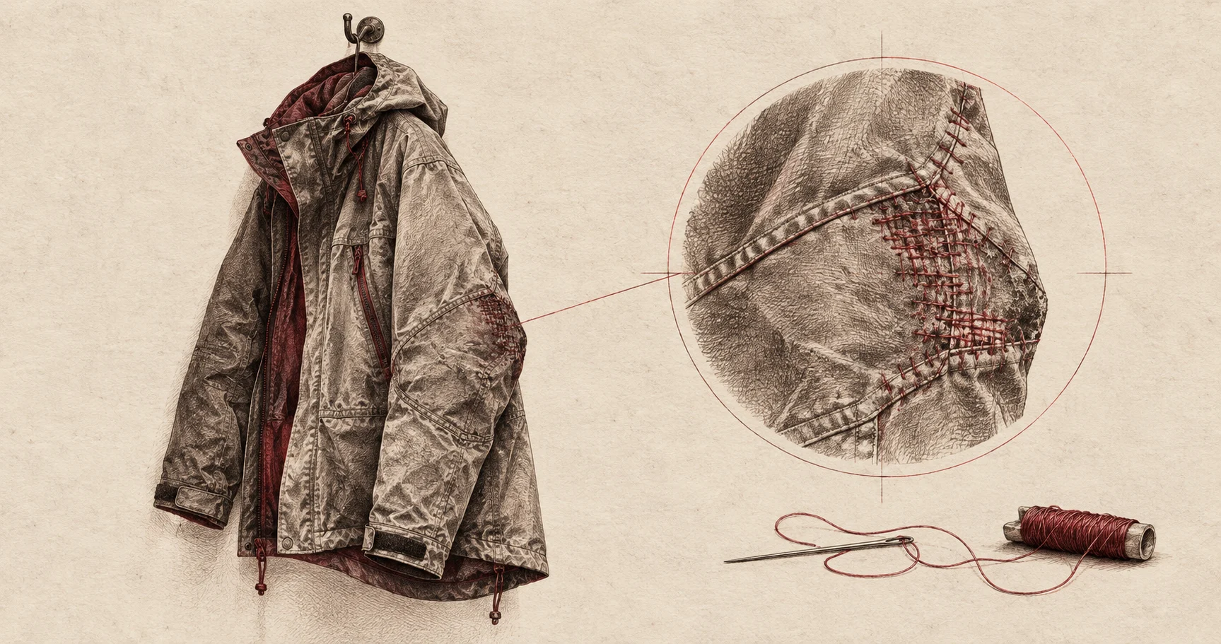 A worn outdoor jacket with a carefully repaired seam enlarged in an archival pencil study.