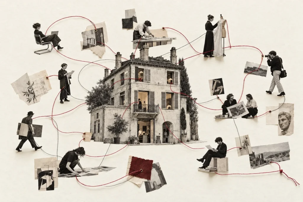 Photographic collage of a house, people and working materials connected by oxblood and graphite thread.