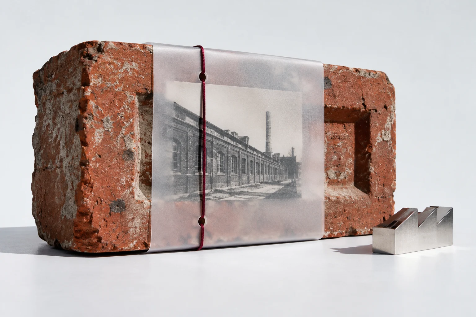 An original red industrial brick wrapped in frosted translucent plastic, holding an imagined warehouse photograph with oxblood thread; a small chrome architectural model sits beside it.