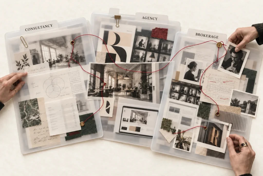 Three frosted translucent folders labeled Consultancy, Agency and Brokerage, layered with photographs, papers and red thread.