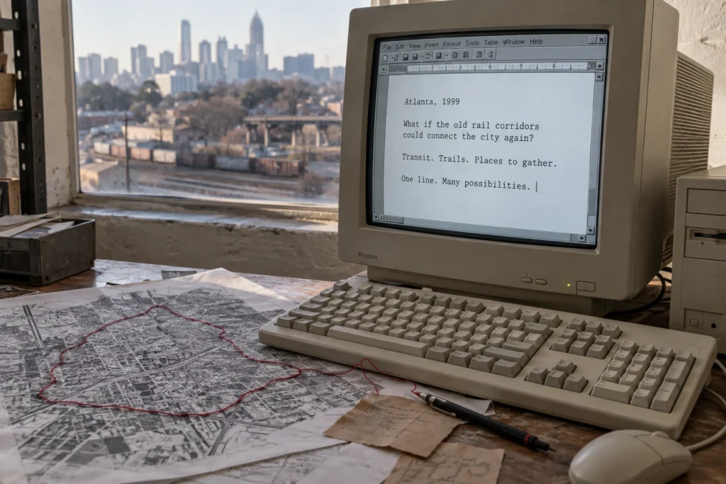 A 1990s computer displays an imagined early Atlanta rail-corridor project note, with red thread tracing a loop on a map.