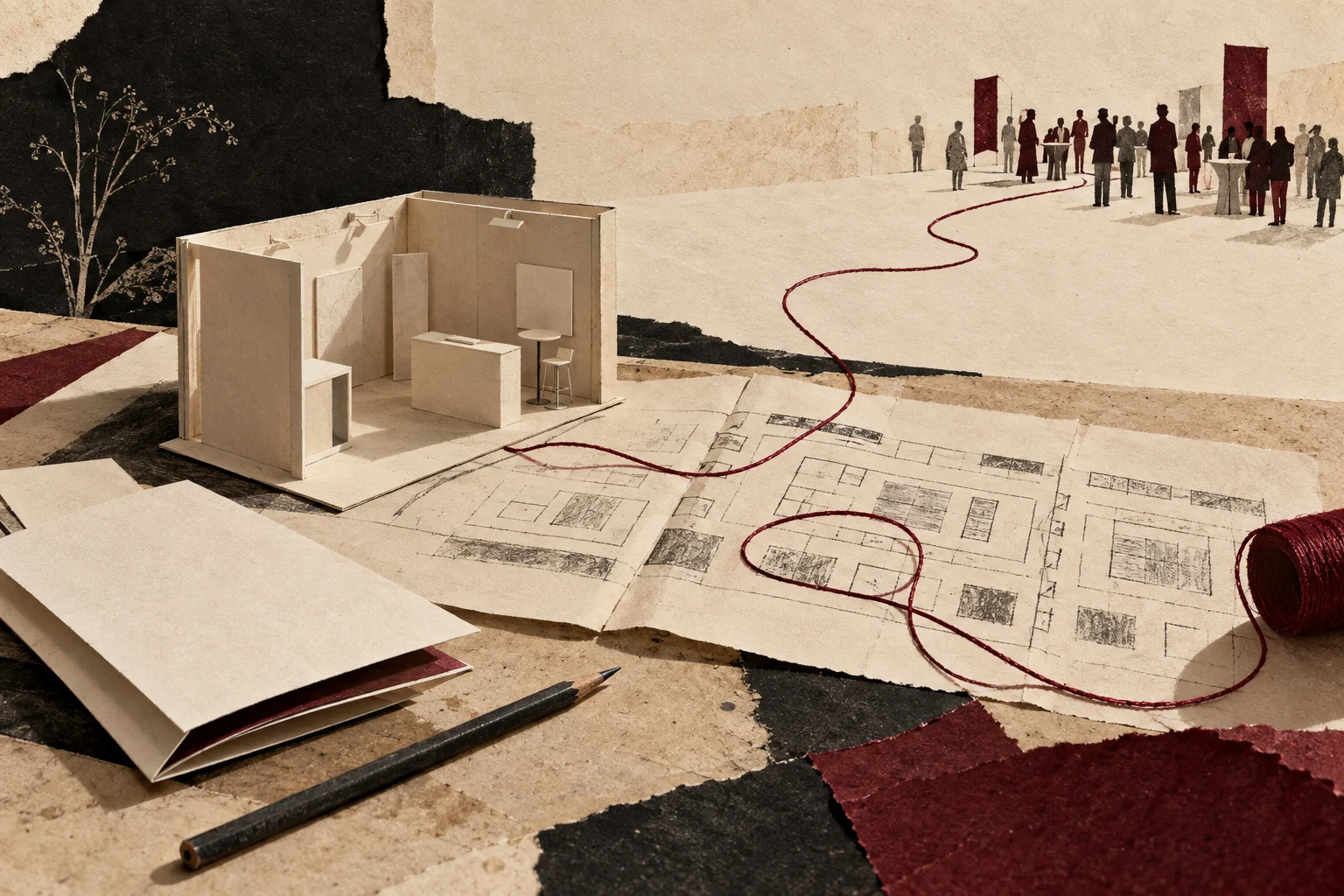 An unbuilt conference booth on paper floor plans, with an oxblood thread leading toward a gathering of people.