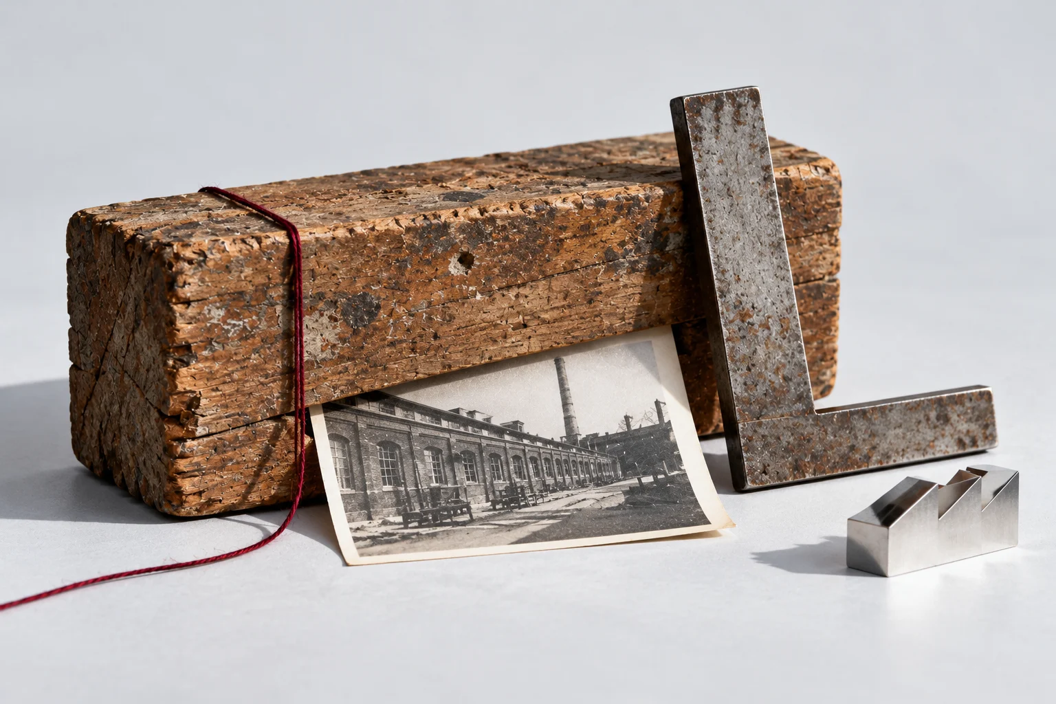 A worn wooden block, steel square, imagined workshop photograph, and small polished metal form arranged with oxblood thread.