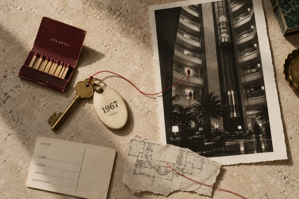 An Atlanta matchbook and brass hotel key beside an imagined atrium photograph, connected by red thread.