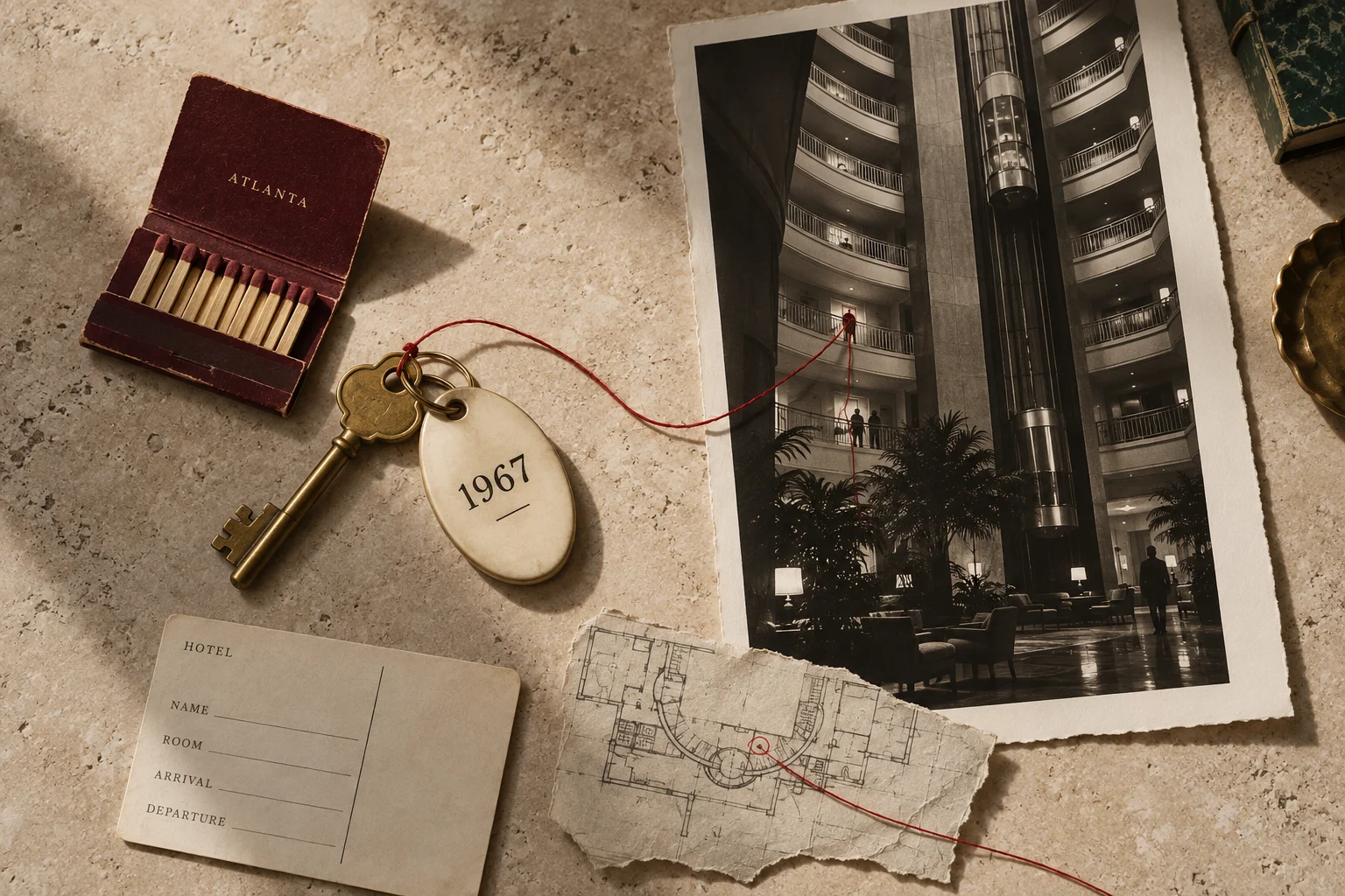 An Atlanta matchbook and brass hotel key beside an imagined atrium photograph, connected by red thread.