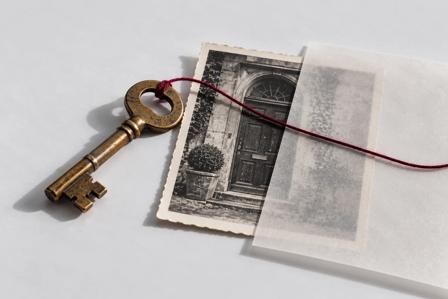 A worn brass key and an imagined doorway photograph, partly covered by translucent paper and connected by oxblood thread.