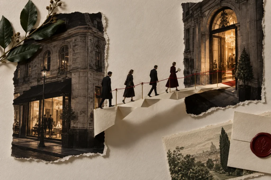 Photographic storefront fragments connected by a folded paper bridge, with people crossing toward an illuminated doorway.