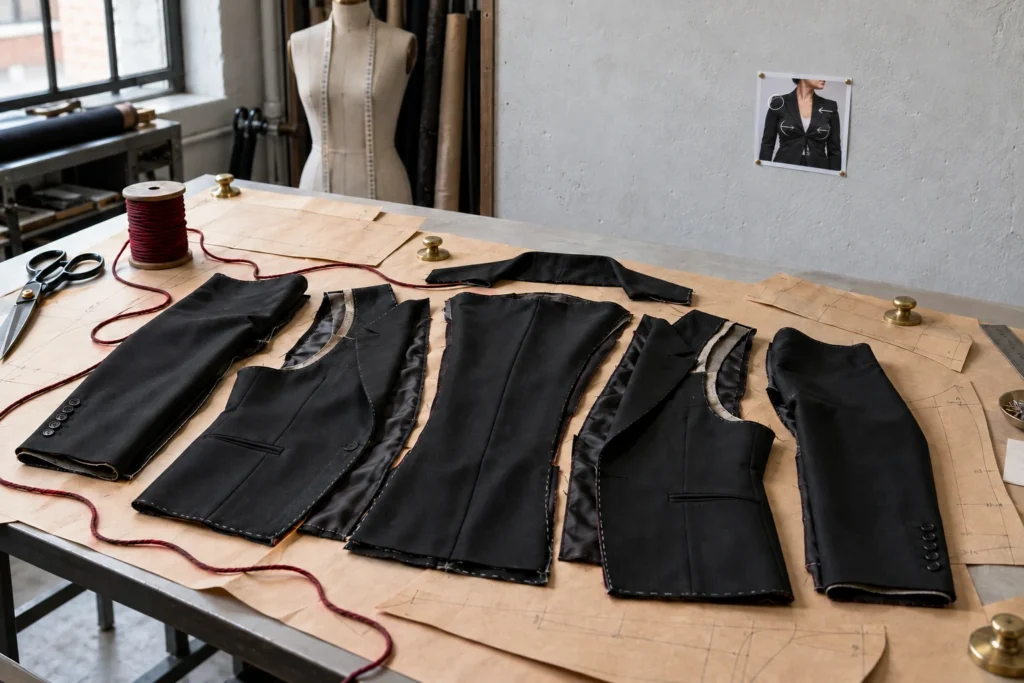 A black jacket carefully deconstructed on brown pattern paper with heavy oxblood cord; a small wall photograph carries white fit annotations.