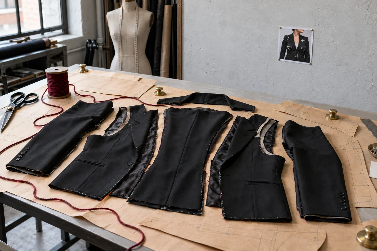 A black jacket carefully deconstructed on brown pattern paper with heavy oxblood cord; a small wall photograph carries white fit annotations.