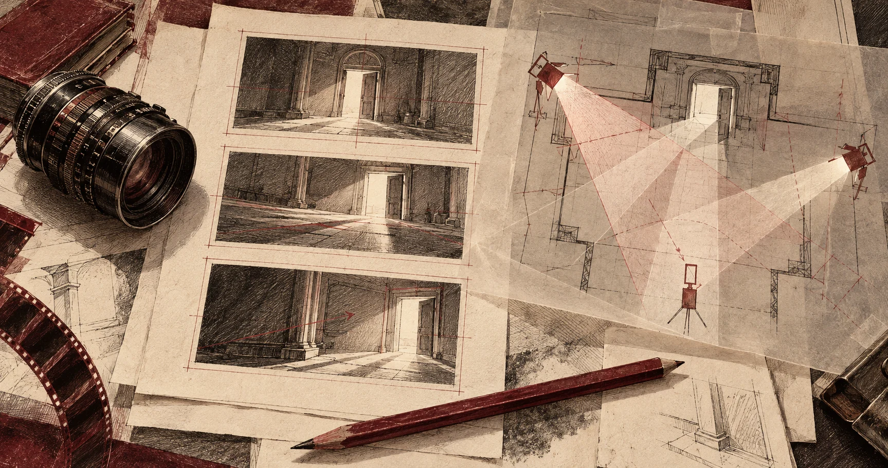 A film-production desk with a lens, storyboards, and overlapping lighting studies for one scene.