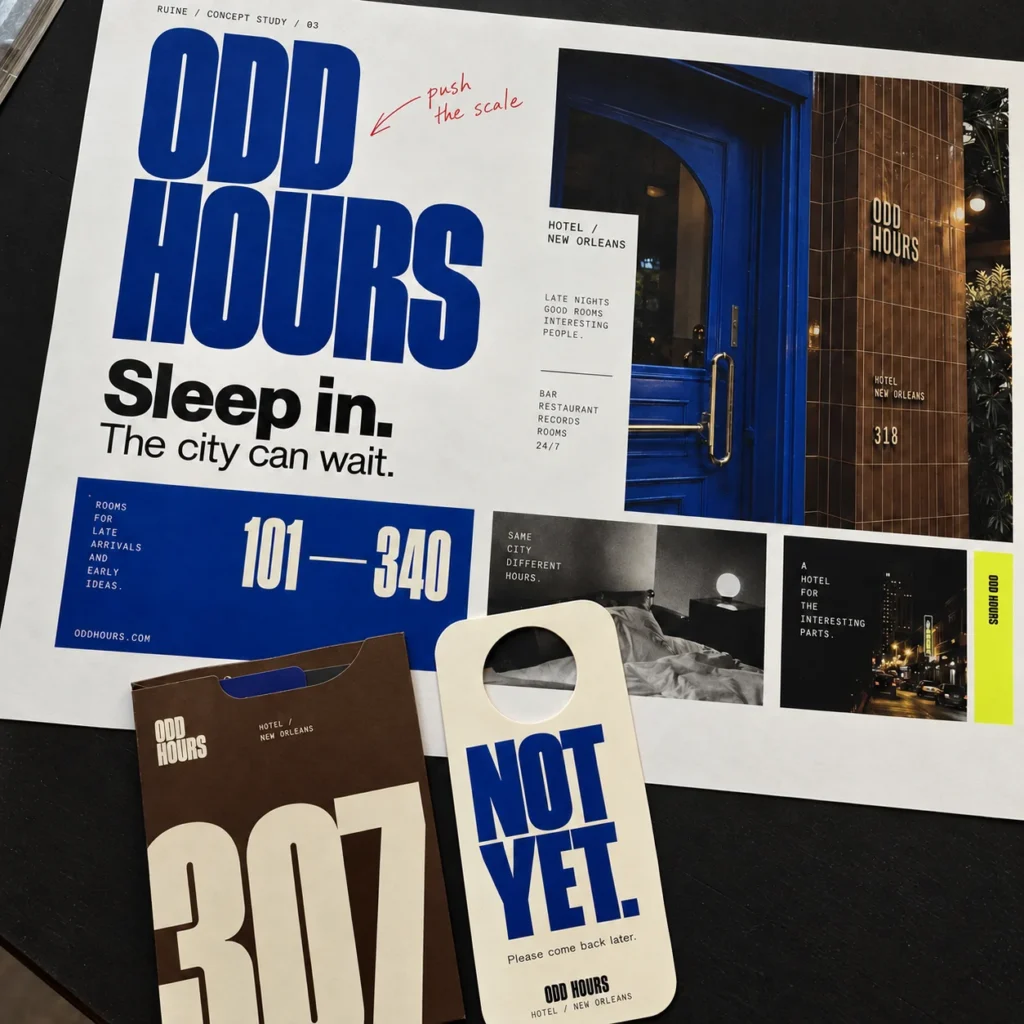 Odd Hours hotel identity proof with a cobalt wordmark, room key sleeve 307 and cream Not Yet door hanger arranged on a dark table.