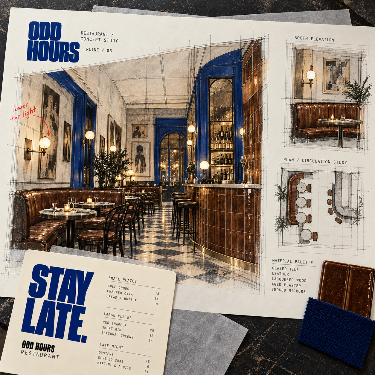 An Odd Hours restaurant concept drawing with cobalt arches, leather seating, a Stay Late menu and material samples arranged on ivory paper.