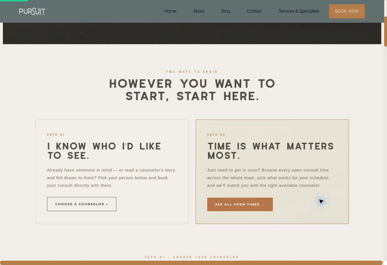 Two booking paths on The Pursuit Counseling website: choose a counselor or browse the next available consult times across the team.