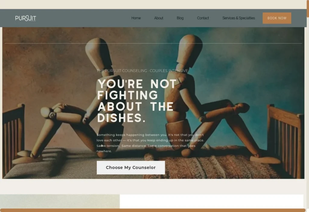 Live Couples Intensive page showing wooden figures in a domestic scene and a message about recurring relationship patterns.