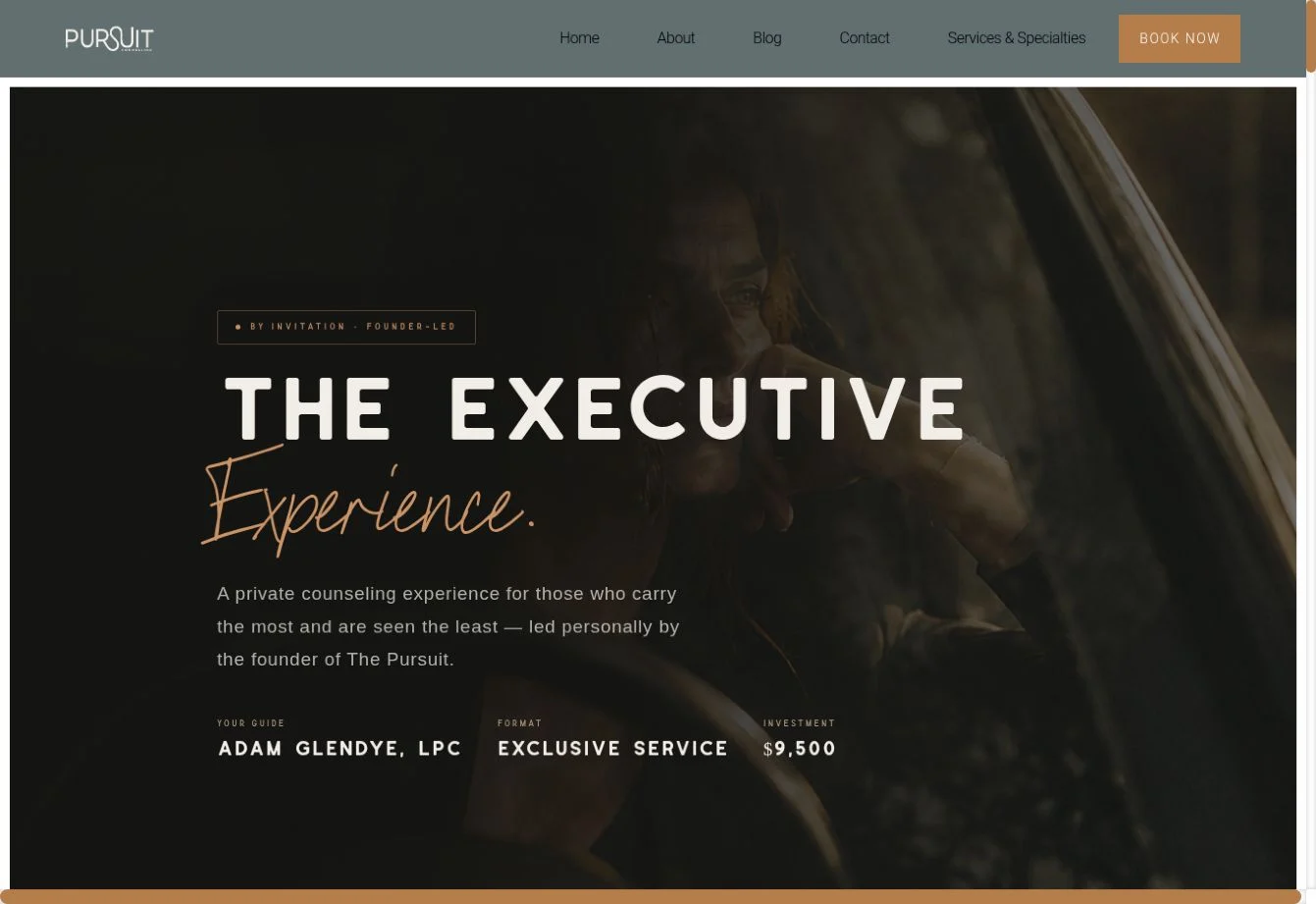 Live Executive Experience page for The Pursuit Counseling, showing its founder-led positioning and $9,500 engagement price.