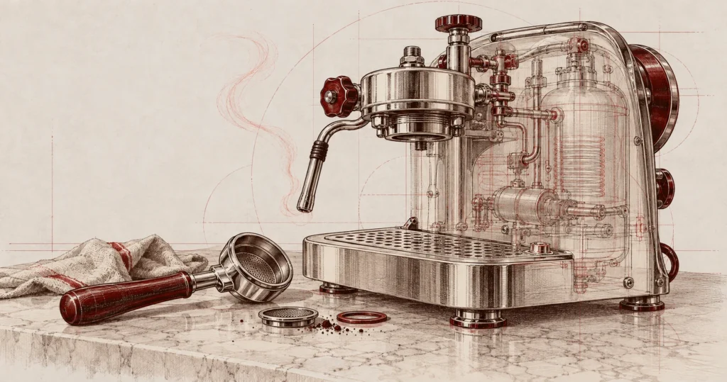 An archival espresso-machine study with a detached portafilter and ghosted internal mechanisms.