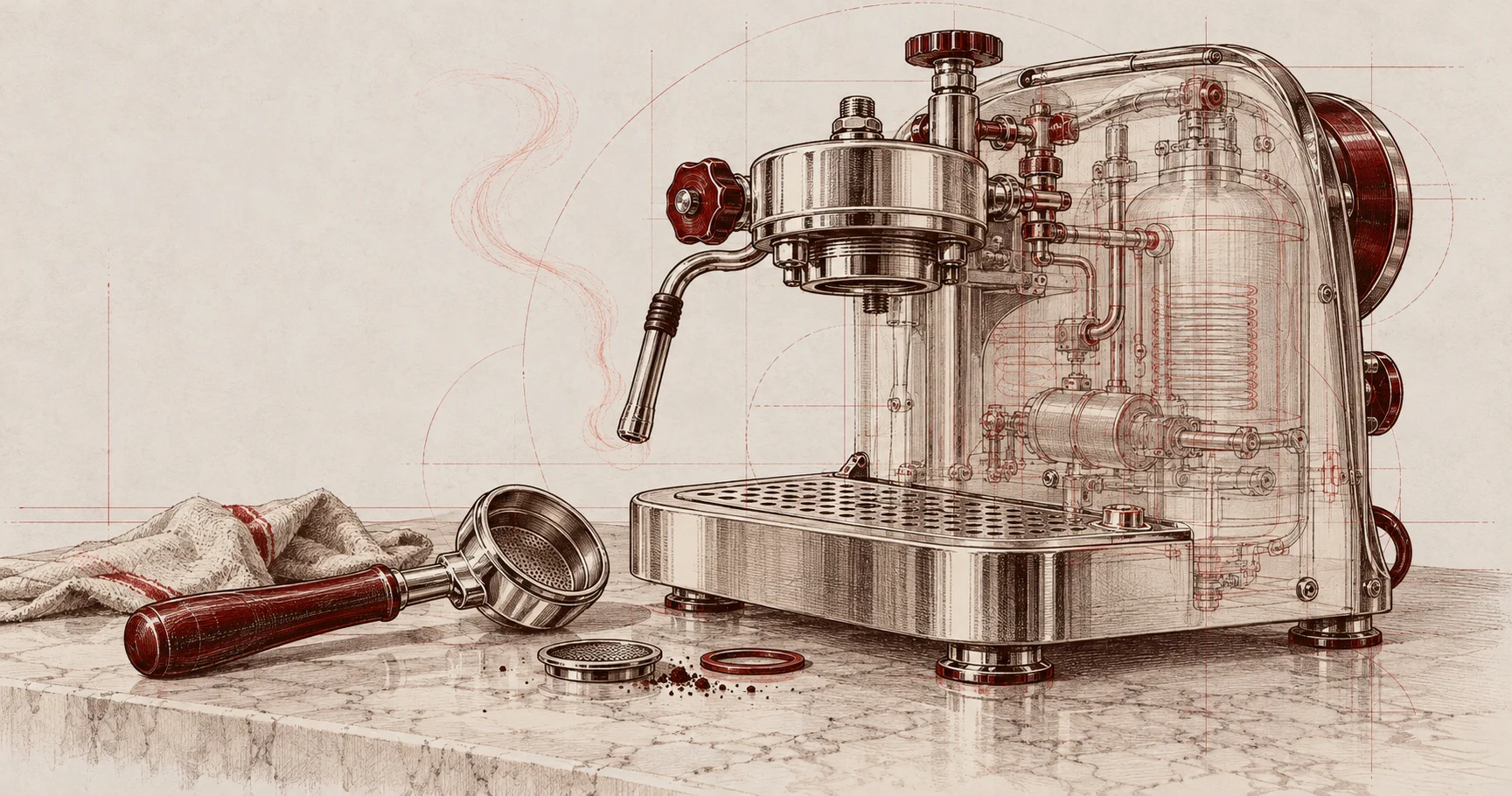 An archival espresso-machine study with a detached portafilter and ghosted internal mechanisms.