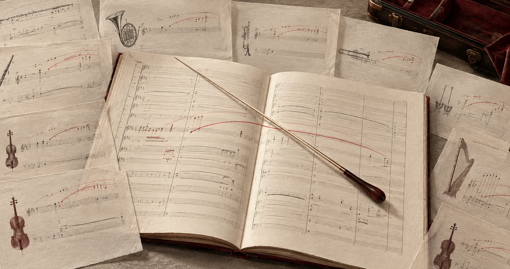 A conductor’s baton across a score, surrounded by separate instrumental parts carrying a shared phrase.
