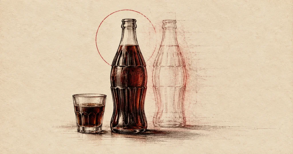 An unbranded cola bottle and tasting glass beside a ghosted alternative bottle silhouette.