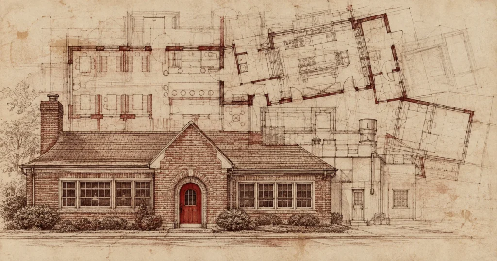 A conceptual diner facade with a small red doorway and overlapping kitchen additions behind it.