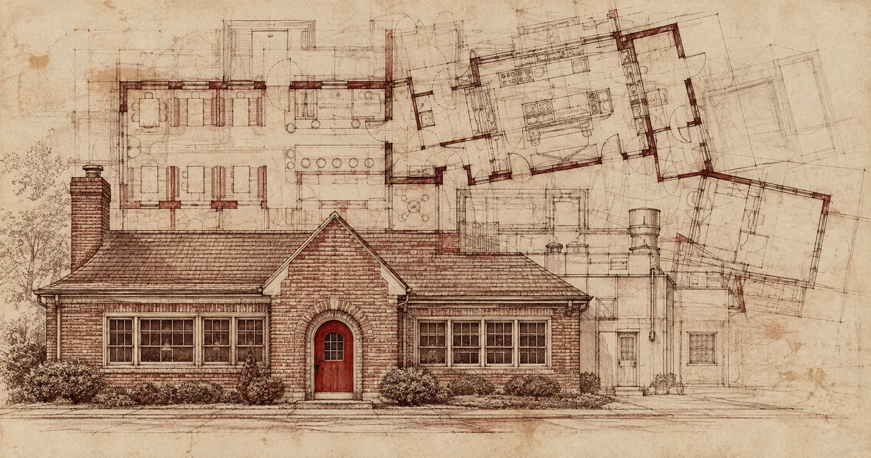 A conceptual diner facade with a small red doorway and overlapping kitchen additions behind it.